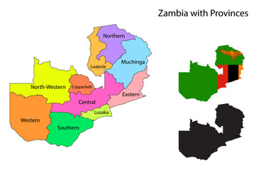 Zambia with Provinces administrative divisions. Zambia with Provinces flag and map illustration vector. Districts of  Zambia 