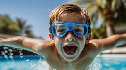 Naklejka premium Child wearing swimming goggles and enjoying hot summer day in the swimming pool