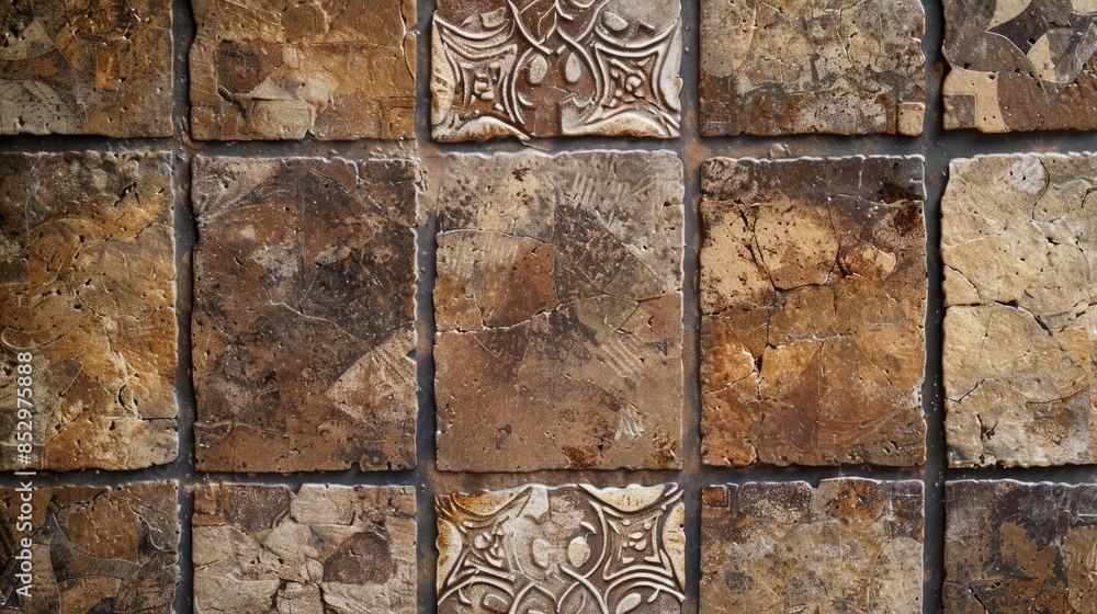 Poster texture of brown stone tiles with a patterned background in a horizontal image