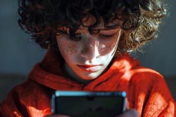 Curly-Haired Boy Engrossed in Mobile Game