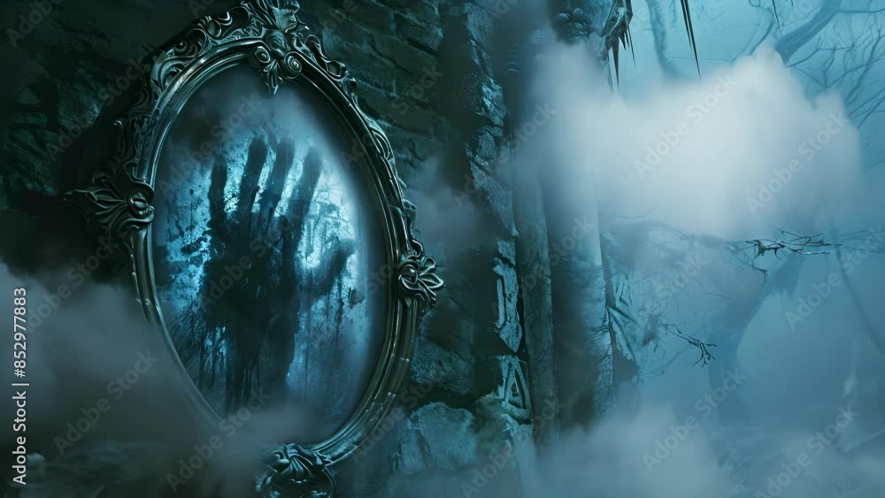 Aufkleber a cold ghostly handprint appears on the foggy surface of the mirror even though no one has touched i