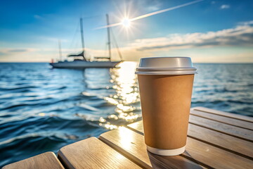 Craft paper coffee cup mockup blank standing at the stern of the yacht in sea landscape background. Copy space. Coffee take away branding mock up template 