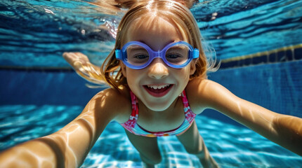 Fototapeta premium Child wearing swimming goggles and enjoying hot summer day in the swimming pool