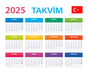 2025 Calendar Turkish - vector illustration, Turkish version.