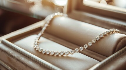 Exquisite diamond necklace sparkling in a velvet jewelry box