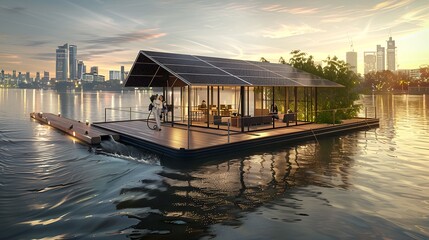 eco-friendly floating river lounge, designed with sustainable materials and solar panels, offering a unique perspective of the city from the water and a relaxing environment for social gatherings