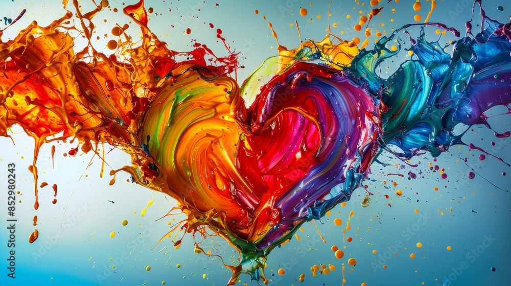 Poster a creative composition showcasing a multitude of colorful paint splashes forming an intricate heart 