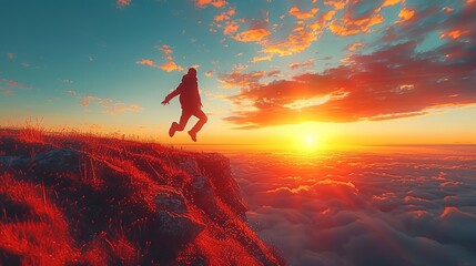Fototapeta premium silhouette freedom man jumping cliff 