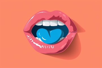 Vibrant cartoon illustration of an open mouth with blue tongue on orange background