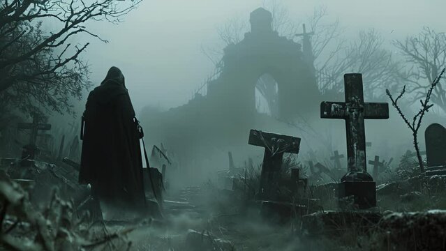 A lone figure dd in a tattered cloak glided through the misty graveyard their phantom mask obscuring any features of their face.