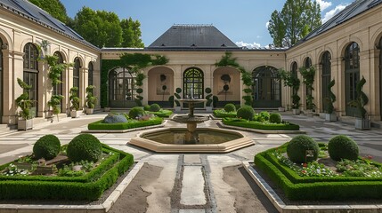 elegant French courtyard with symmetrical garden beds, a classic fountain in the center, and surrounding topiary that enhance the formal, refined atmosphere