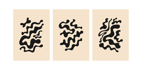 Set of modern posters with abstract wavy shapes. Vector flat illustration of distorted waves. Bohemian minimalist art