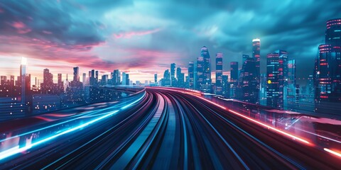 Obraz premium Clouds, city skyline, curved and speeding trains, future city, neon lights, speed, sky, clouds, buildings, colorful clouds, high technology, travel, journey, home, National Day holiday, New Year, vaca