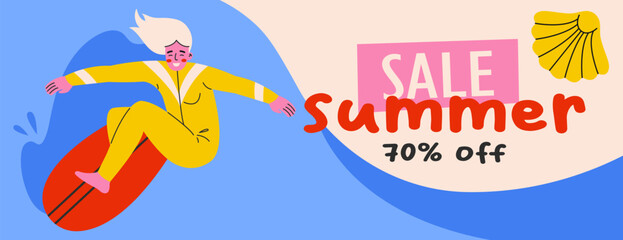 Young woman surfing. Banner template or summer discount promotion. Season sale concept.
