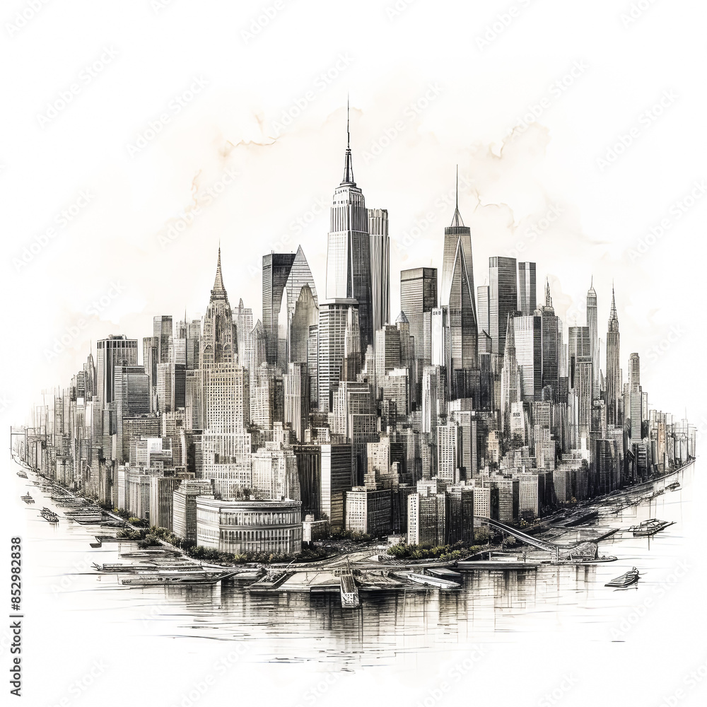 Poster a cityscape with a large building in the middle and a statue of liberty on the left.