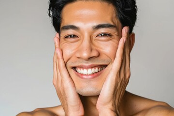 頬に手をあてる肌の綺麗な日本人男性のポートレート（美容・艶・透明感）