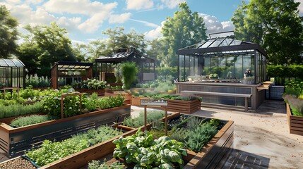 outdoor culinary garden with raised beds filled with herbs and vegetables, a small greenhouse, and a chef's station for cooking classes and demonstrations under the open sky