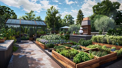 outdoor culinary garden with raised beds filled with herbs and vegetables, a small greenhouse, and a chef's station for cooking classes and demonstrations under the open sky