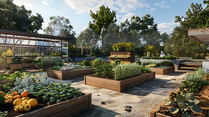 outdoor culinary garden with raised beds filled with herbs and vegetables, a small greenhouse, and a chef's station for cooking classes and demonstrations under the open sky