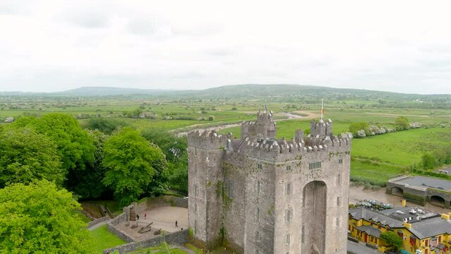 Bunratty Castle, aerial view of the large 15th-century tower house in County Clare, located in the center of Bunratty village, between Limerick and Ennis, Ireland.