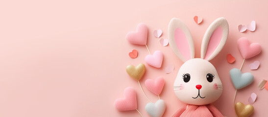 Cute pink toy bunny on a pink background. Around it are hearts of different colors. Greeting card, banner, background with place for text.  Generative AI illustration