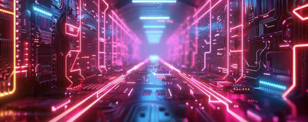 Fototapeta premium High-tech background with a futuristic mockup, surrounded by neon lights and digital circuits, ideal for presenting innovative electronics