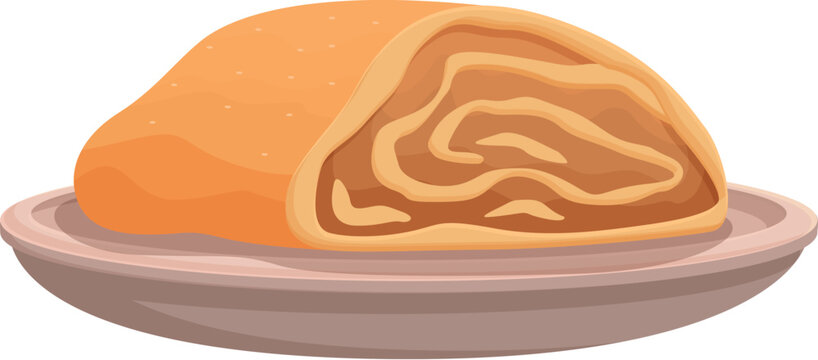 Traditional apple strudel is sitting on a ceramic plate, showing its delicious filling