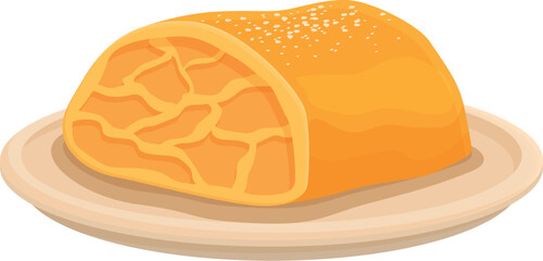 Freshly baked pumpkin roll with a crispy crust, sprinkled with sugar, is lying on a plate