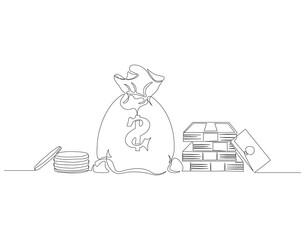 Continuous one line drawing of money bag. One line drawing illustration of money bag. Business icon. Money saving concept continuous line art. Editable outline.
