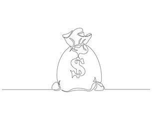 Continuous one line drawing of money bag. One line drawing illustration of money bag. Business icon. Money saving, International business day concept continuous line art. Editable outline.