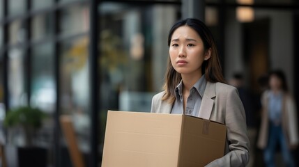 Woman in business attire carrying cardboard box, walking outside office building, representing job loss or career transition.
