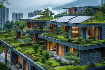 Fototapeta premium A city skyline with green rooftops and solar panels, representing urban sustainability and eco-friendly architecture. 