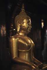 Golden Buddha head under light and shadow inside an old temple in Phra Nakhon Si Ayutthaya Province, Thailand.