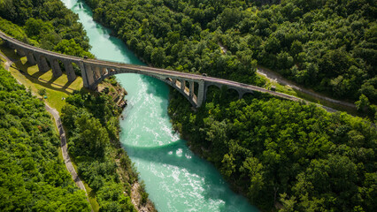 Fototapeta premium Drone Capture of Solkan Rail Bridge Across River Soca in Slovenia