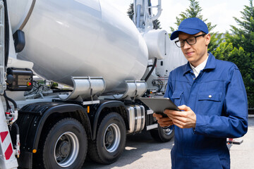 Worker with digital tablet next to truck-mounted concrete pump with mixer.