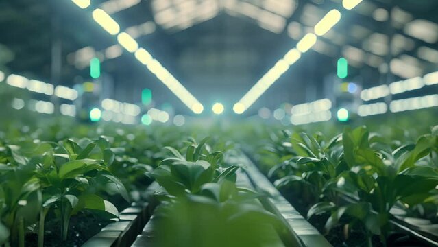 A futuristic greenhouse with rows of autonomous crop scouting devices moving along the ceiling carefully monitoring plant growth.