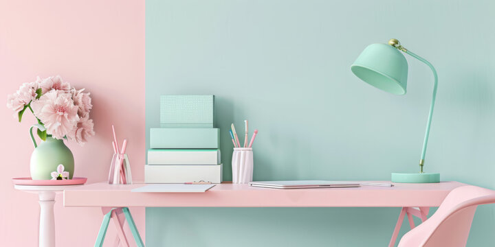 A pastel desk arrangement with soft-colored office supplies, a mint green lamp, and a pink chair, creating a cheerful workspace