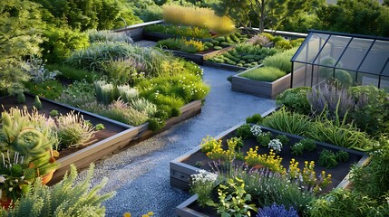 botanical rooftop garden with an array of aromatic herbs and medicinal plants, complete with a path winding through raised beds and a small greenhouse for year-round cultivation