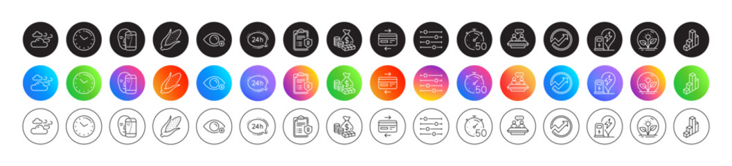 Filter, Credit card and Money line icons. Round icon gradient buttons. Pack of Privacy policy, Timer, Farsightedness icon. Audit, Time, 3d chart pictogram. Vector