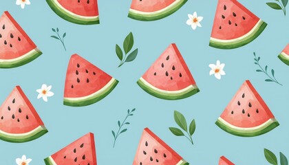 Seamless pattern of watermelon slices on a pastel blue background illustration