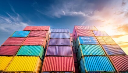 Fototapeta premium Shipping containers in vivid colors stacked under a bright blue sky at a dockyard