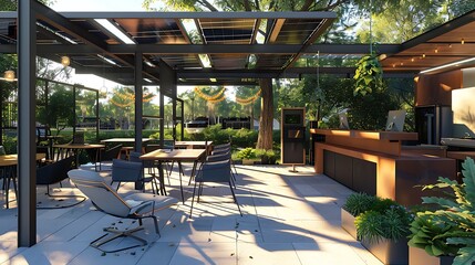 contemporary outdoor workspace complete with high-speed Wi-Fi, solar charging stations, and ergonomic outdoor furniture, making it ideal for remote work in a refreshing environment