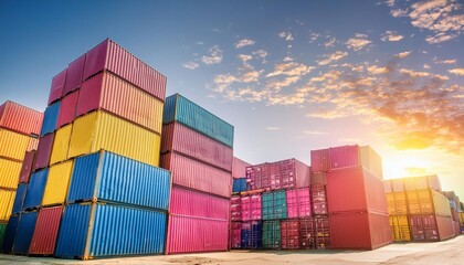 Stacks of colorful shipping containers in a sunlit industrial dockyard