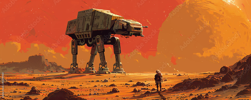 Poster a pixel art rendition of a retro-futuristic robot exploring a desolate planet, its pixelated form co