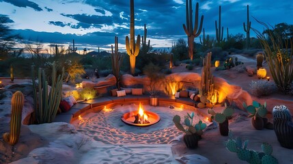desert escape featuring a sunken lounge area with fire pit, surrounded by native cacti and dramatic lighting that highlights the unique landscape features at night