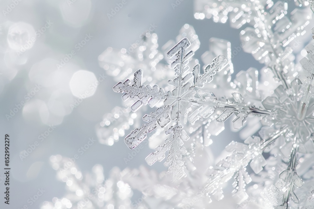 Poster close-up of a snowflake with intricate patterns, delicate and detailed winter scene, macro photograp