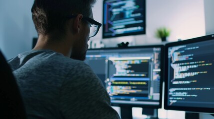Fototapeta premium Close-up of a software developer coding on a computer with multiple screens, showcasing app development, in a modern office 