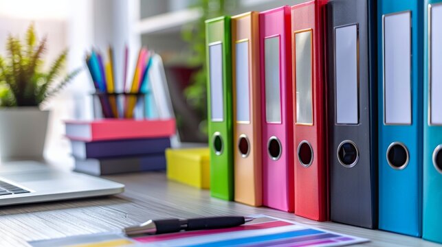 Close-up of an organized workspace with color-coded files and a tidy desk, representing personal efficiency and productivity, in a home office setting 