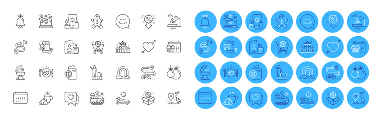 Journey, Sunscreen and Christmas ball line icons pack. Bus travel, Heart, Travel passport web icon. Boat fishing, Grill, Romantic dinner pictogram. Flight destination, Passport, Shopping cart. Vector