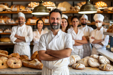 Photography team of Italian bakers in a traditional bakery with artisan products.
